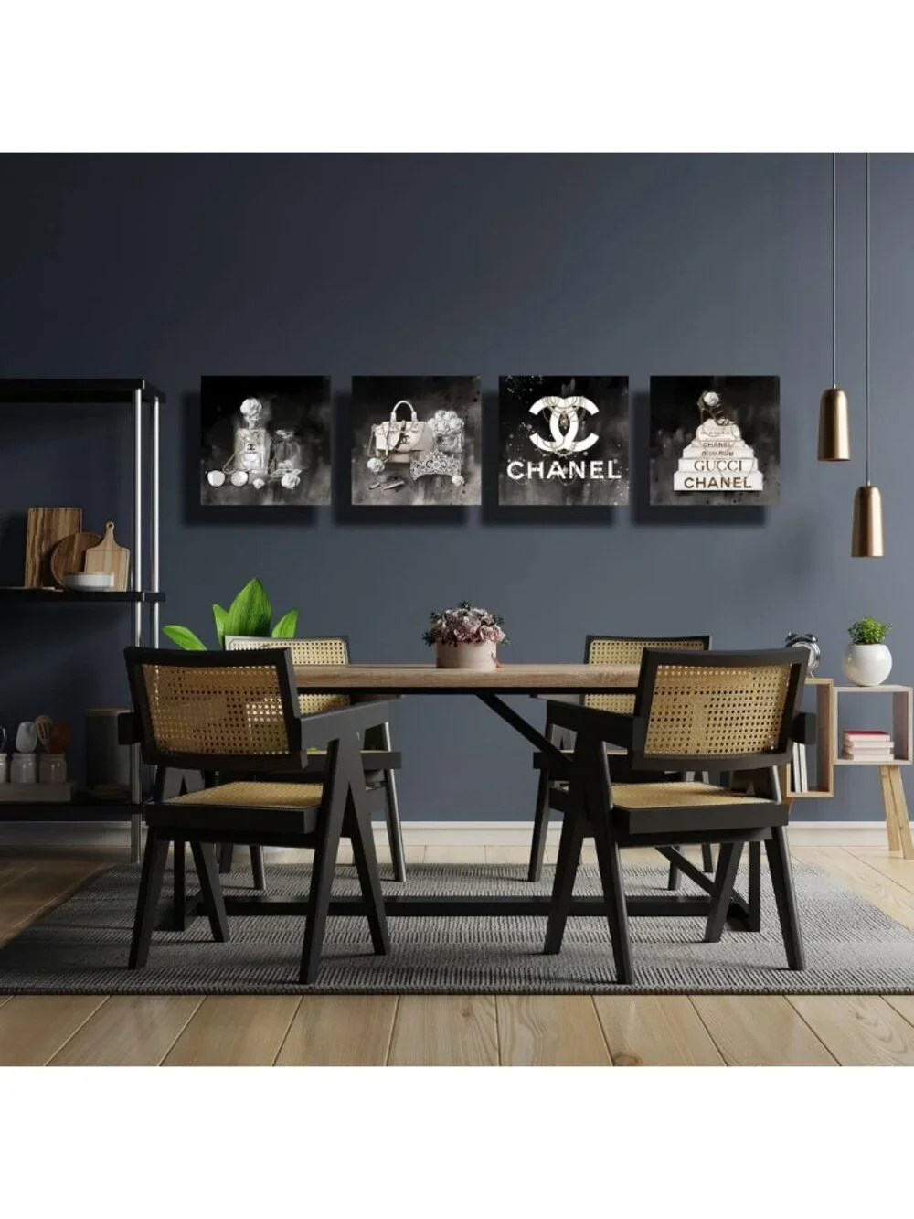 Chic Black & White High Heel Rose Canvas Wall Art - 4 Panel Modern Decor for